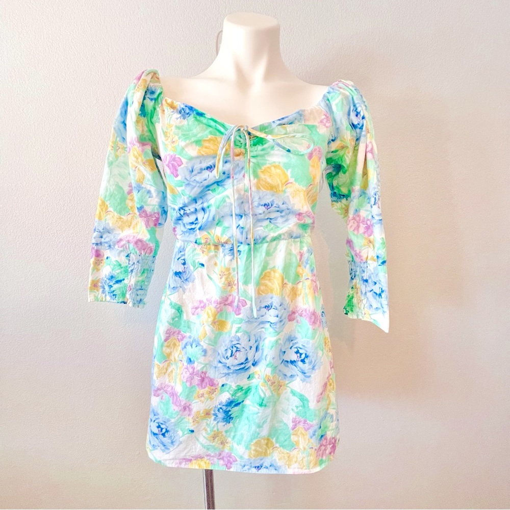 ZARA Poplin Off the Shoulder Floral Watercolor Mini Dress